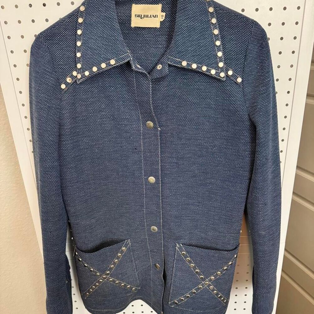 Vintage 70s Sir Julian Studded Western Pantsuit Blue 2 Piece Set Size 10